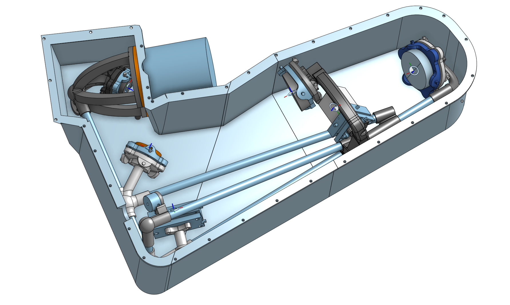 CAD model of an Opticco spectrometer housing with optical mounts connected by a lightweight structural frame