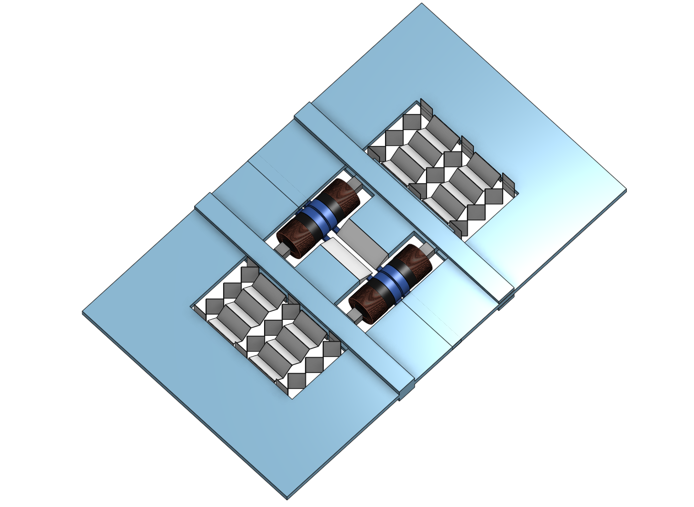 CAD model of Opticco's variable optical slit mechanism with paired actuators and flexure supports